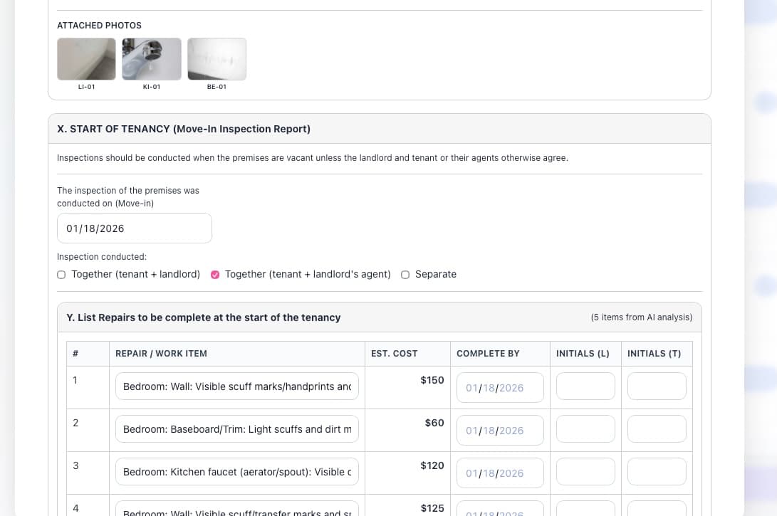 List of repairs to complete from inspection