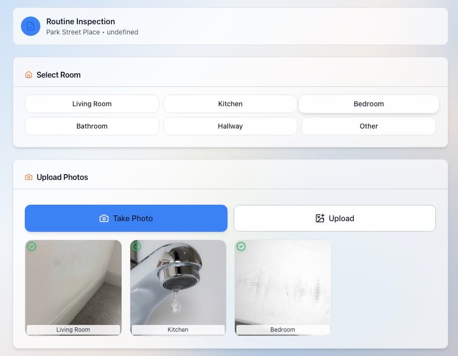 AI Property Inspector analyzing room photos for damage detection