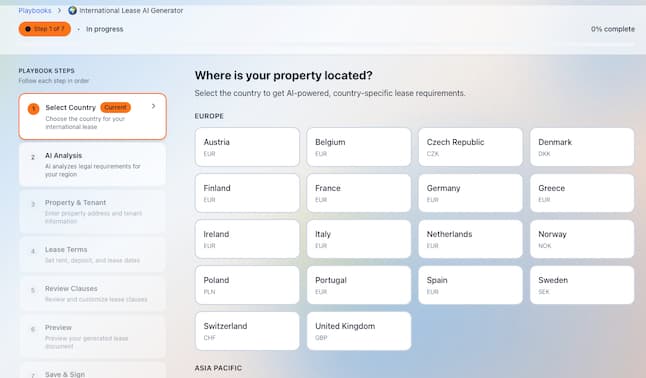 AI International Lease Generator supporting 37+ countries and 19 languages