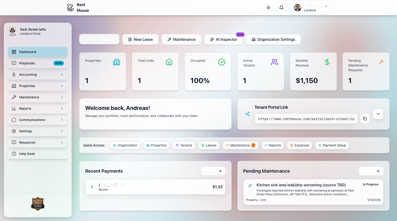 RentMouse landlord dashboard showing property management interface with units, tenants, and financial overview