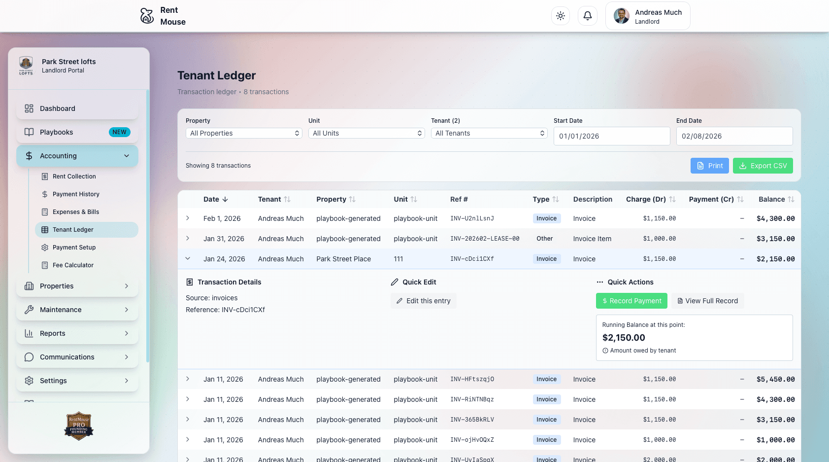 Tenant Ledger Spreadsheet View