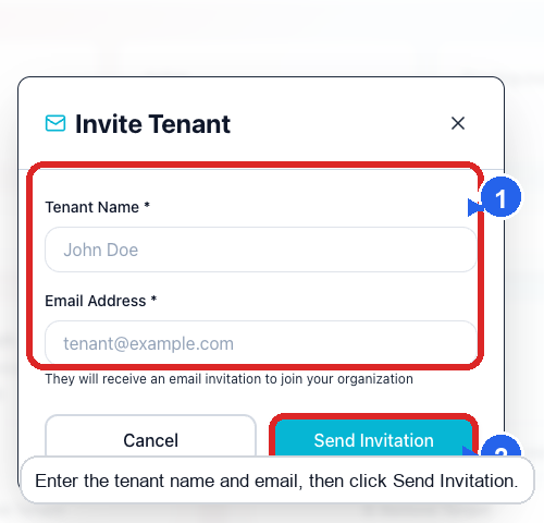 The Invite Tenant modal showing the Tenant Name and Email Address fields, with the Send Invitation button highlighted.