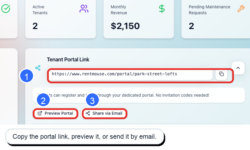 The Tenant Portal Link card on the landlord dashboard, with the portal URL, Preview Portal button, and Share via Email button highlighted.